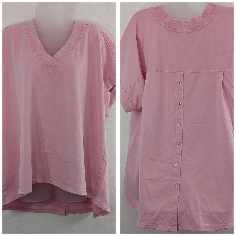 Jane & Delancey Women's 1X Top Garment Dyed Pink Short Sleeve V-Neck Bullon Back